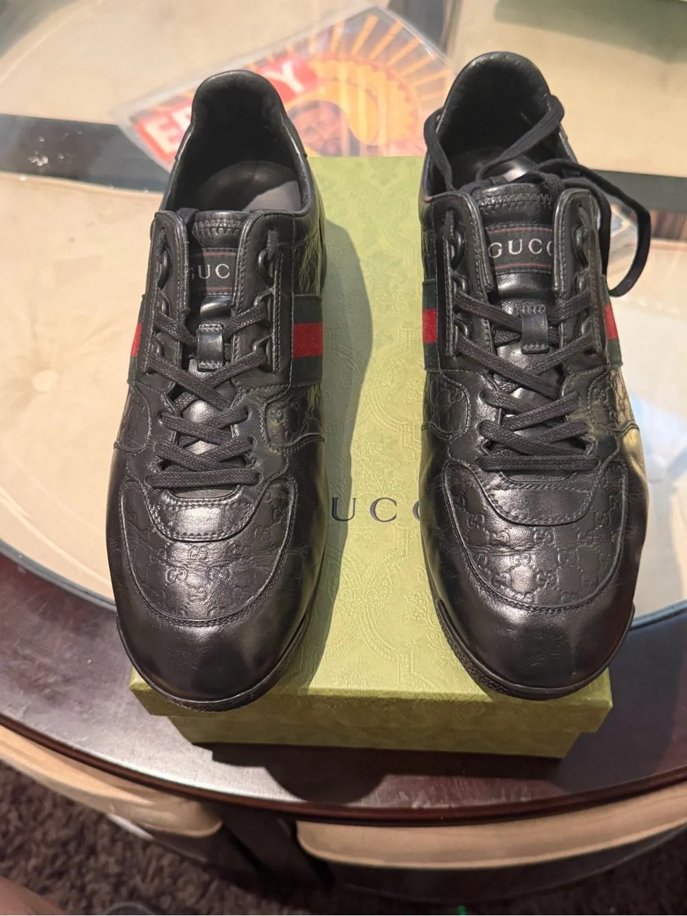100% Authentic Gucci Men's Black Leather Sneakers with Signature Web Stripe